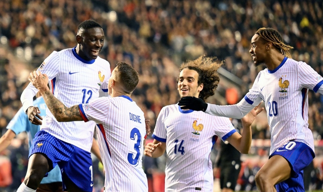 Selebrasi penggawa Prancis rayakan gol dari Randal Kolo Muani