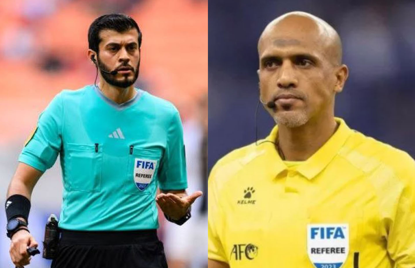 Omar Al Ali, wasit pertandingan sepak bola antara China dan Indonesia (kiri) mendapatkan pujian, kebalikan dengan wasit Ahmed Al Kaf (kanan), dalam pertandingan Indonesia vs Bahrain.