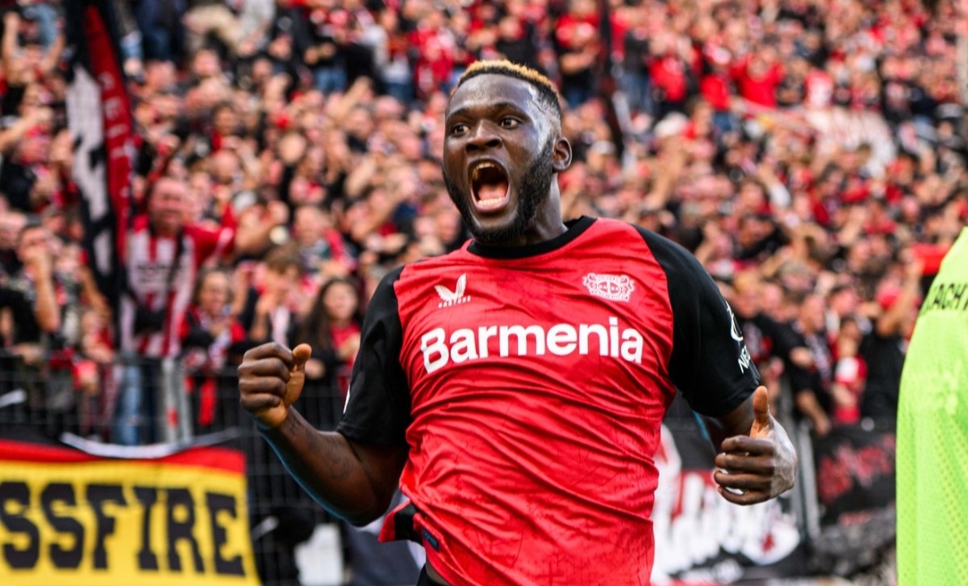 Selebrasi Victor Boniface usai cetak gol kemenangan bagi Bayer Leverkusen atas Eintracht Frankfurt