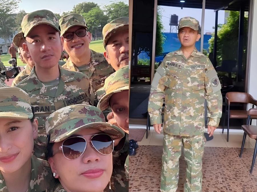 Para menteri membagikan foto menggunakan seragam loreng saat pembekalan di Akmil Magelang.