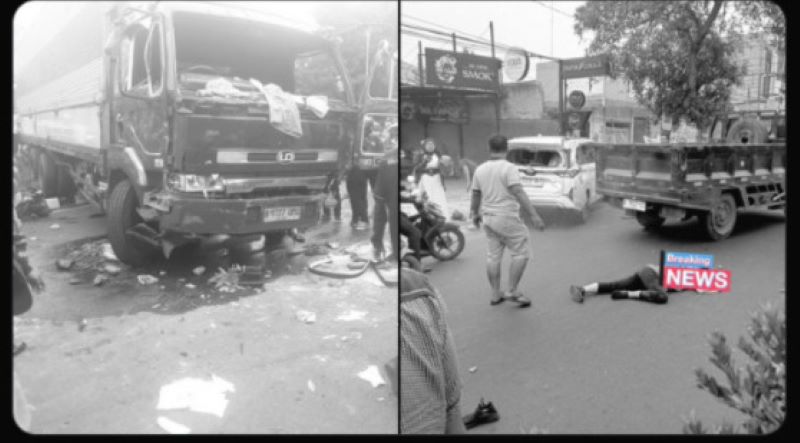 Terlihat bagian depan truk kontainer yang rusak (kiri) dan seorang korban yang tergeletak (kanan).