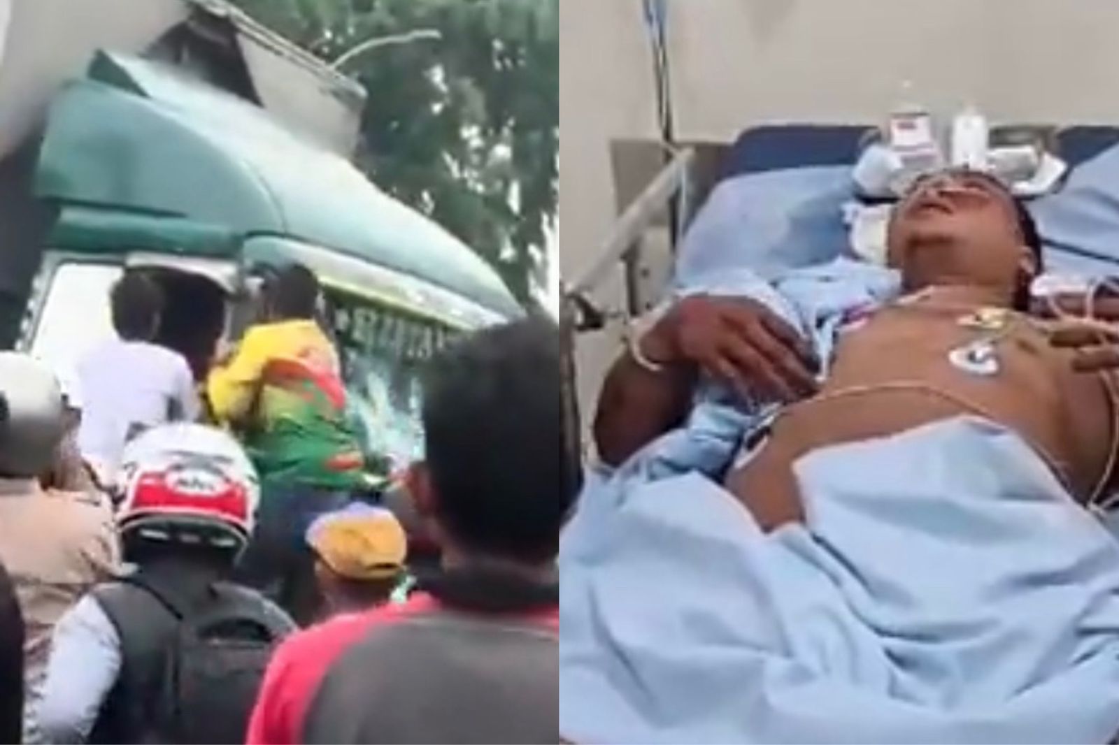 Momen sopir truk ugal-ugalan di Tangerang diamuk massa (foto kiri) dan foto pelaku sopir truk kontainer saat dirawat di rumah sakit (foto kanan).