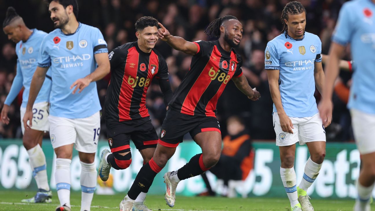 Selebrasi Antoine Semenyo usai menjebol gawang Manchester City dalam kemenangan bagi Bournemouth