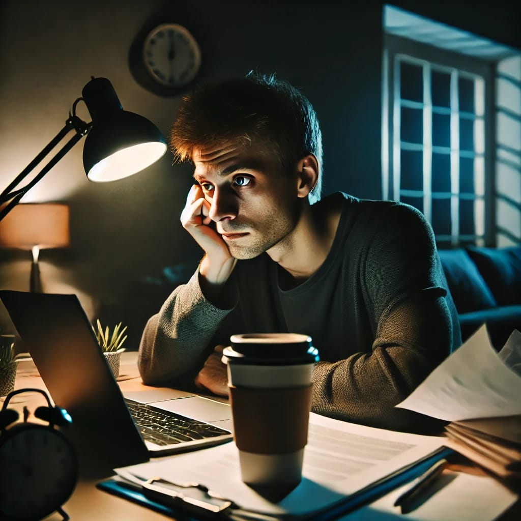 Gambaran tentang seseorang yang terpaksa merelakan jam tidurnya karena bekerja.