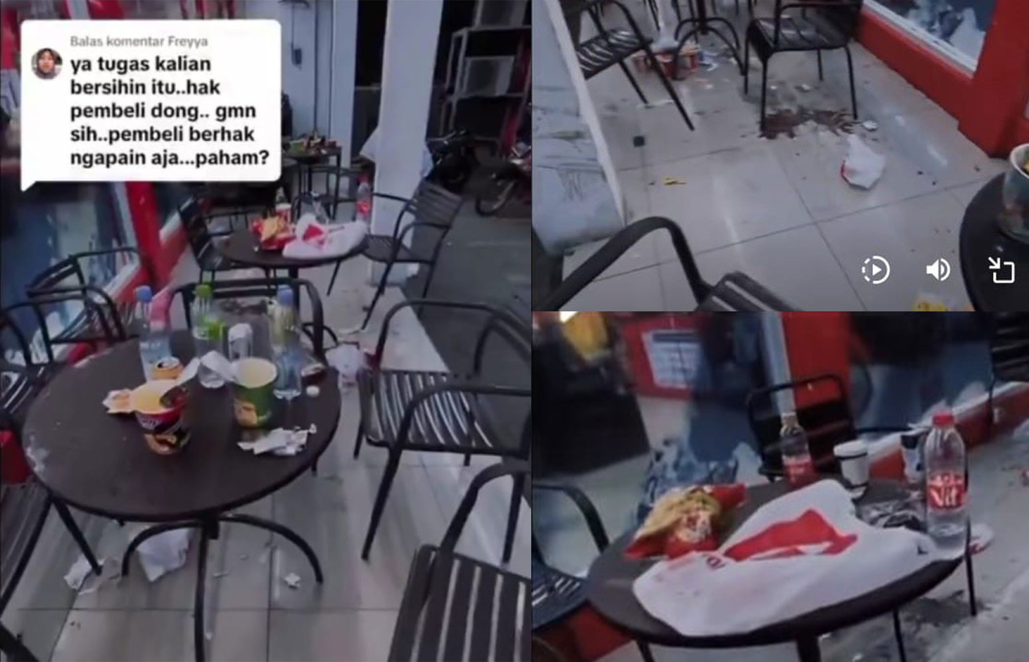 Kondisi saat halaman depan sebuah minimarket terlihat kotor akibat sampah yang ditinggalkan pengunjung.