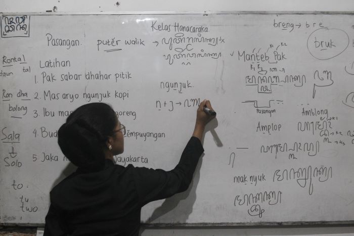 Sri Yuwaningtyas Sukma Putri, memberikan edukasi baca tulis aksara Jawa kepada peserta kelas Hanacaraka dalam program Jawacana, di Rumah KPY, Gondomanan, Kota Jogja