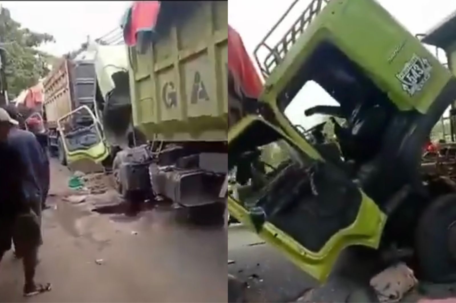 Sejumlah truk yang dirusak warga.