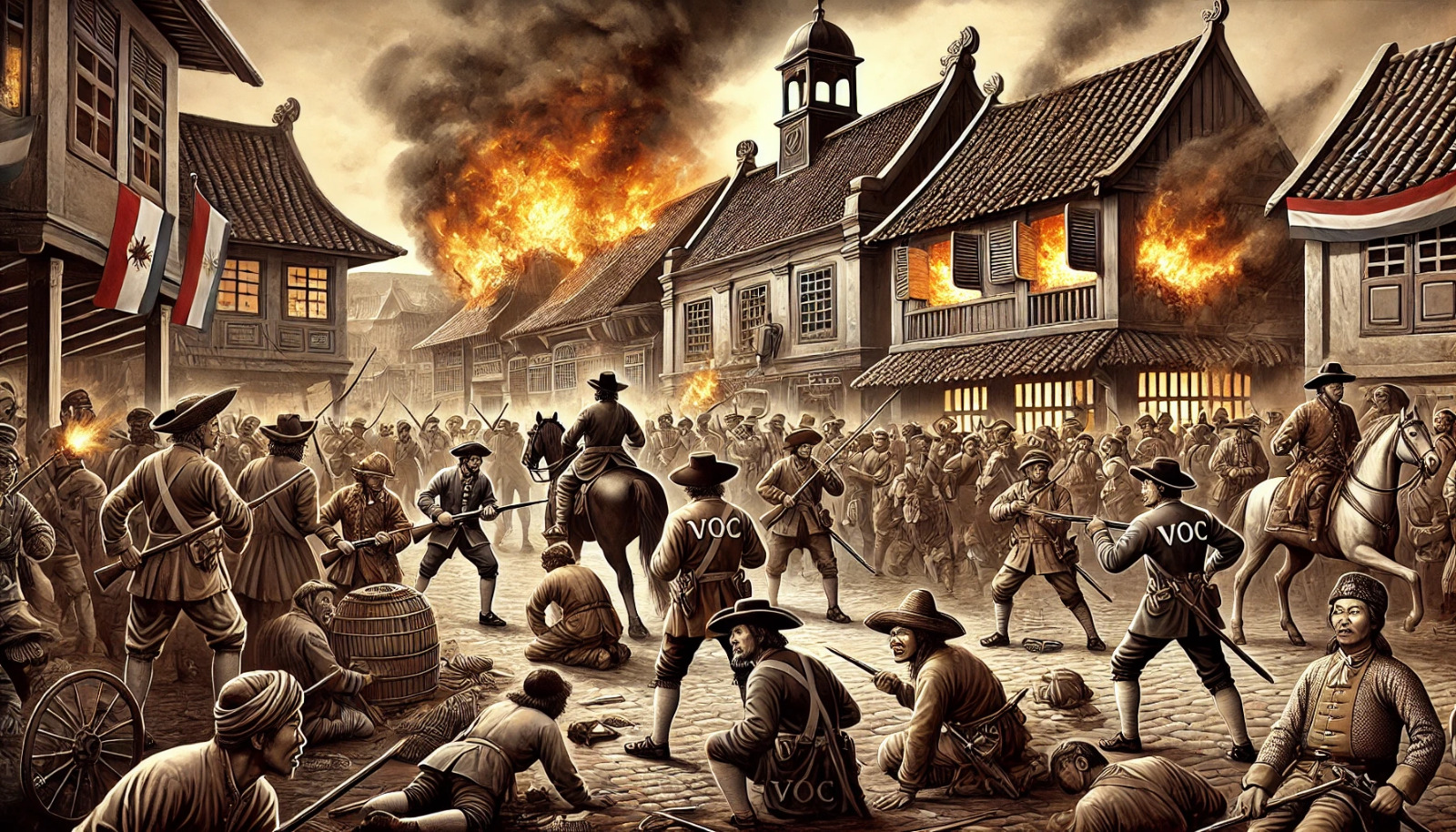 Ilustrasi yang menggambarkan peristiwa sejarah pembantaian Geger Pecinan di Batavia tahun 1740.