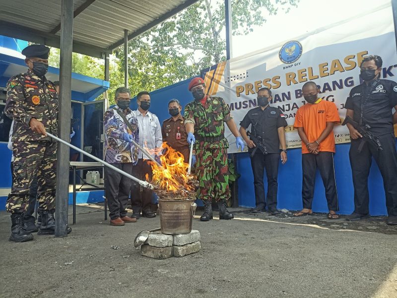 Petugas Badan Narkotika Nasional Provinsi (BNNP) DIY memusnahkan barang bukti narkotika jenis ganja seberat 1,1 kilogram dengan cara dibakar di Kantor BNNP DIY, Senin (11/11/2024).
