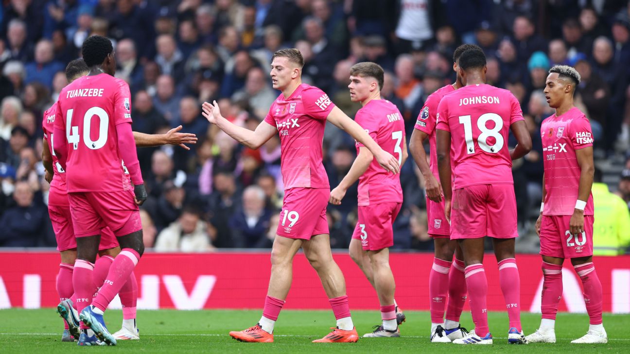 Selebrasi penggawa Ipswich Town usai Liam Delap cetak gol kedua ke gawang Tottenham Hotspurs