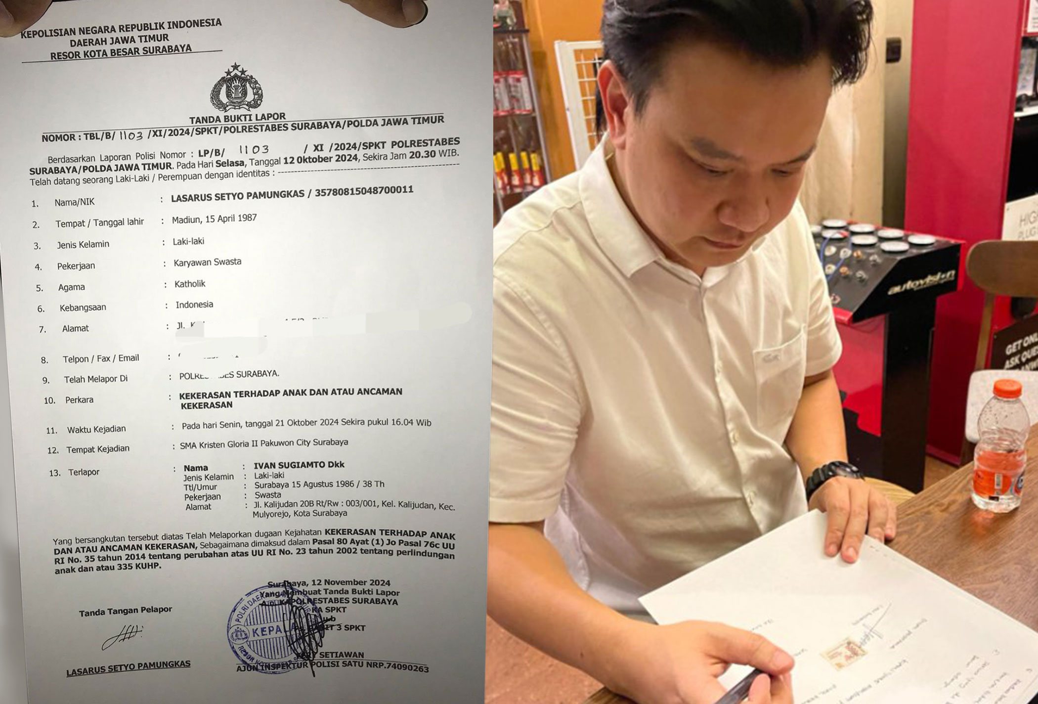 Ivan Sugianto resmi dilaporkan pada Selasa, 12 November 2024 ke Polrestabes Surabaya.