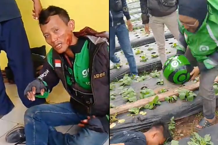 Driver ojol sebagai korban penusukan oleh penumpangnya (kiri), pelaku penusukan terhadap driver online di Parongpong, Bandung dihakimi massa (kanan).