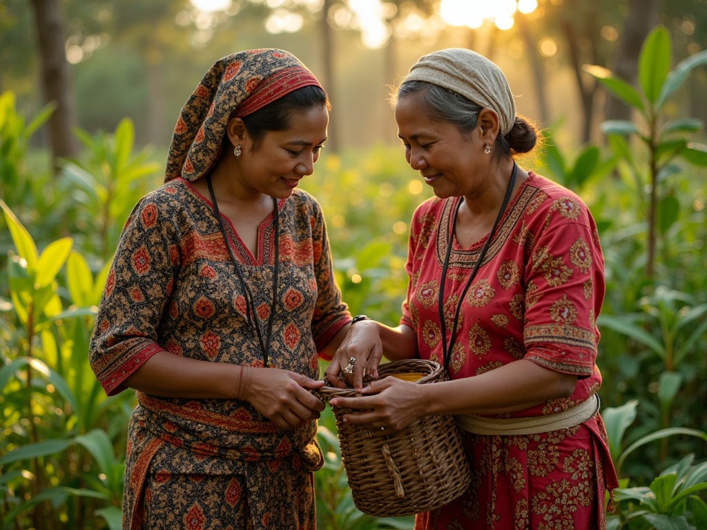 Dua wanita yang saling membantu saat di kebun.