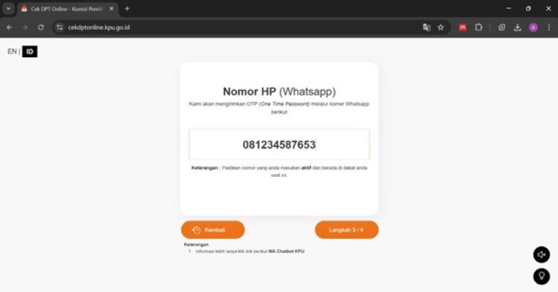 Masukkan nomor HP yang aktif dan terkoneksi dengan WhatsApp.