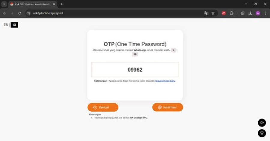 Cek kode OTP/Verivikasi melalui WhatsApp.