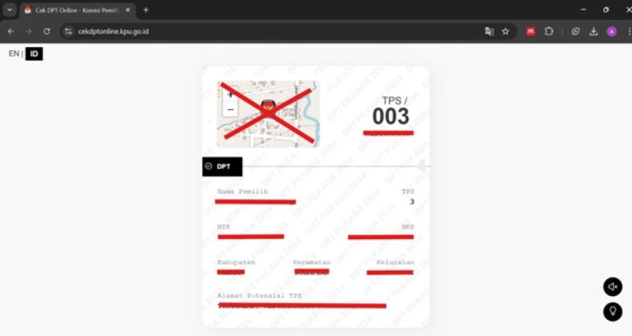 Kemudian akan muncul Daftar Pemilih Tetap. Data Nomor TPS, Nama Pemilih, NIK, dan Alamat akan muncul di halaman.