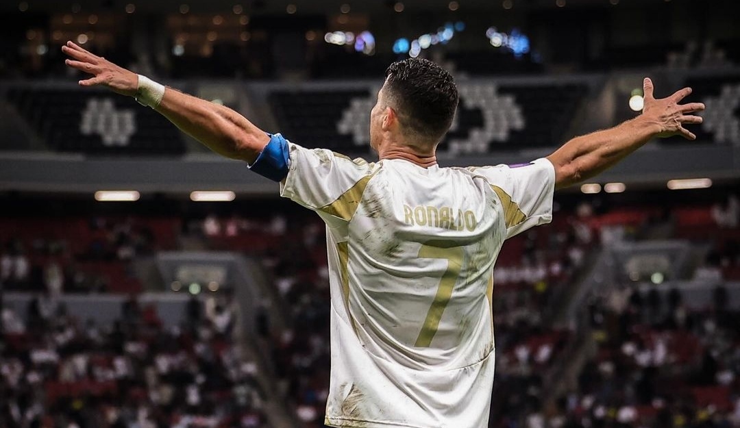 Selebrasi Cristiano Ronaldo usai cetak gol ke gawang Al Gharafa dalam kemenangan Al Nassr di AFC Champions League Elit