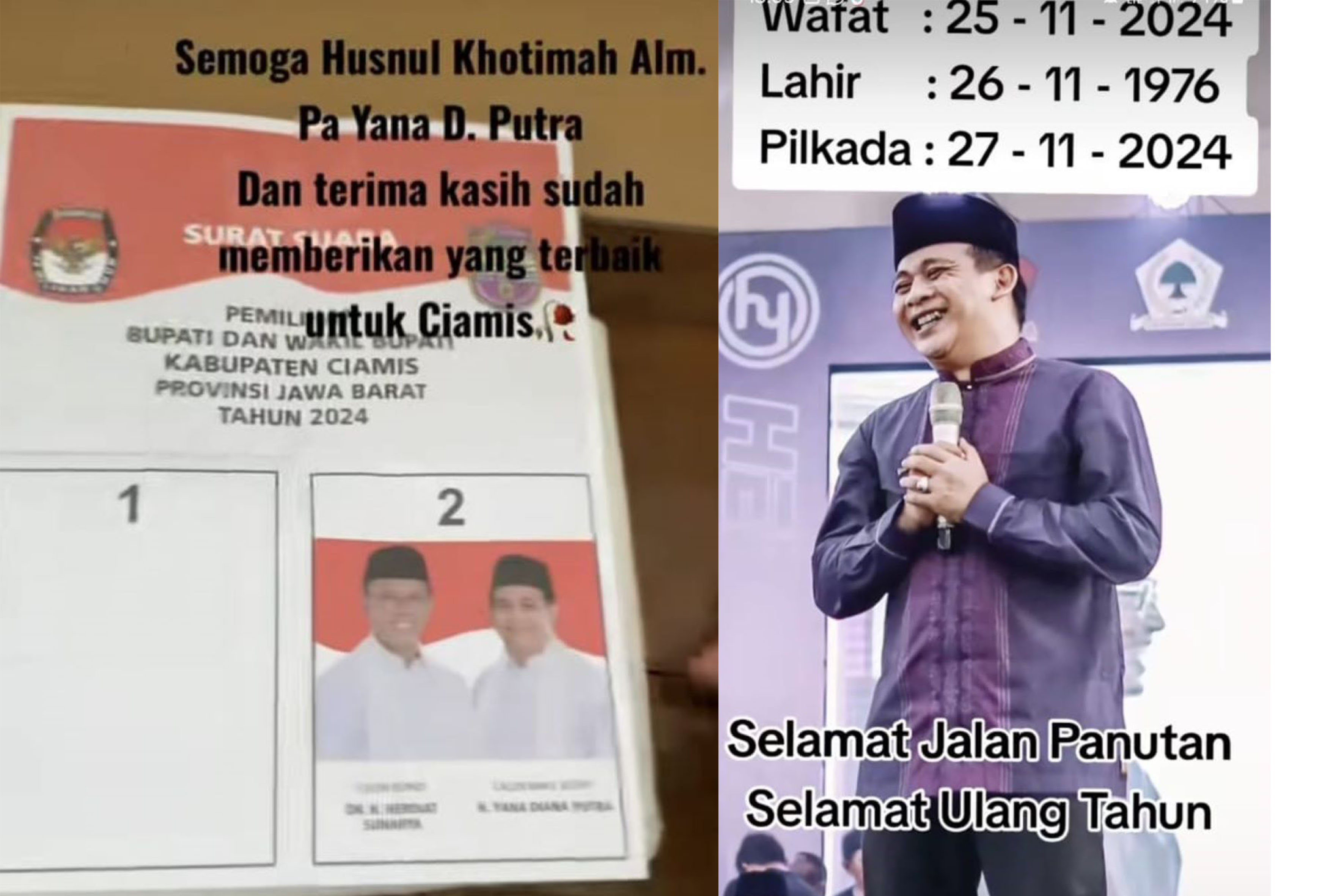 SERBA-SERBI PILKADA 2024: Pilbup Kabupaten Ciamis diselimuti rasa duka, pasca wakil paslon Yana Diana Putra meninggal akibat serangan jantung.