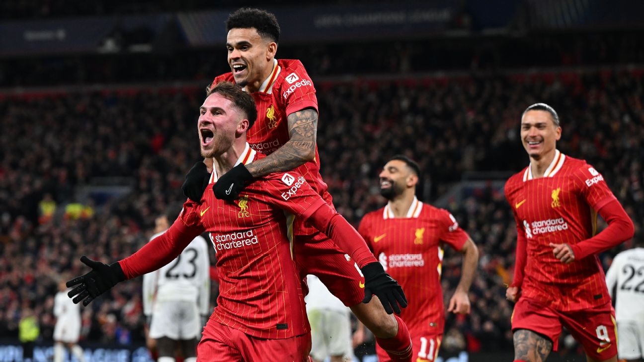 Selebrasi pemain Liverpool usai Alexis Mac Allister mencetak gol pembuka ke gawang Real Madrid di Liga Champions