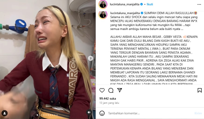 Unggahan Lucinta Luna yang menyebut sang mantan manajer, Isa Zega, sebagai dalang yang menjebak dirinya dalam kasus kasus narkoba.