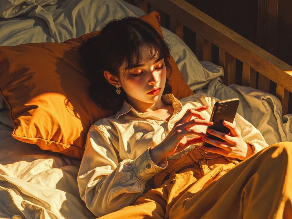 Ilustrasi pengidap clinomania yang bermain handphone sambil rebahan di atas tempat tidur.