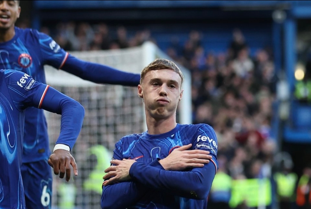 Selebrasi Cole Palmer usai cetak gol kemenangan Chelsea atas Aston Villa di Liga Inggris
