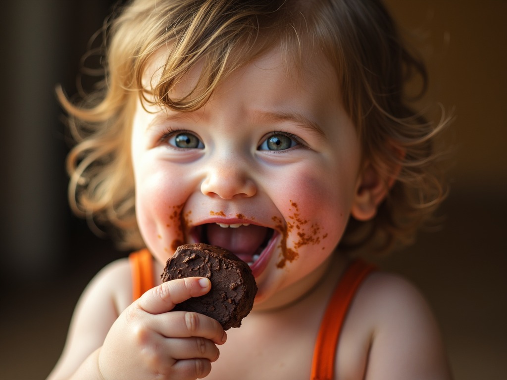 Seorang anak  sedang makan cokelat.