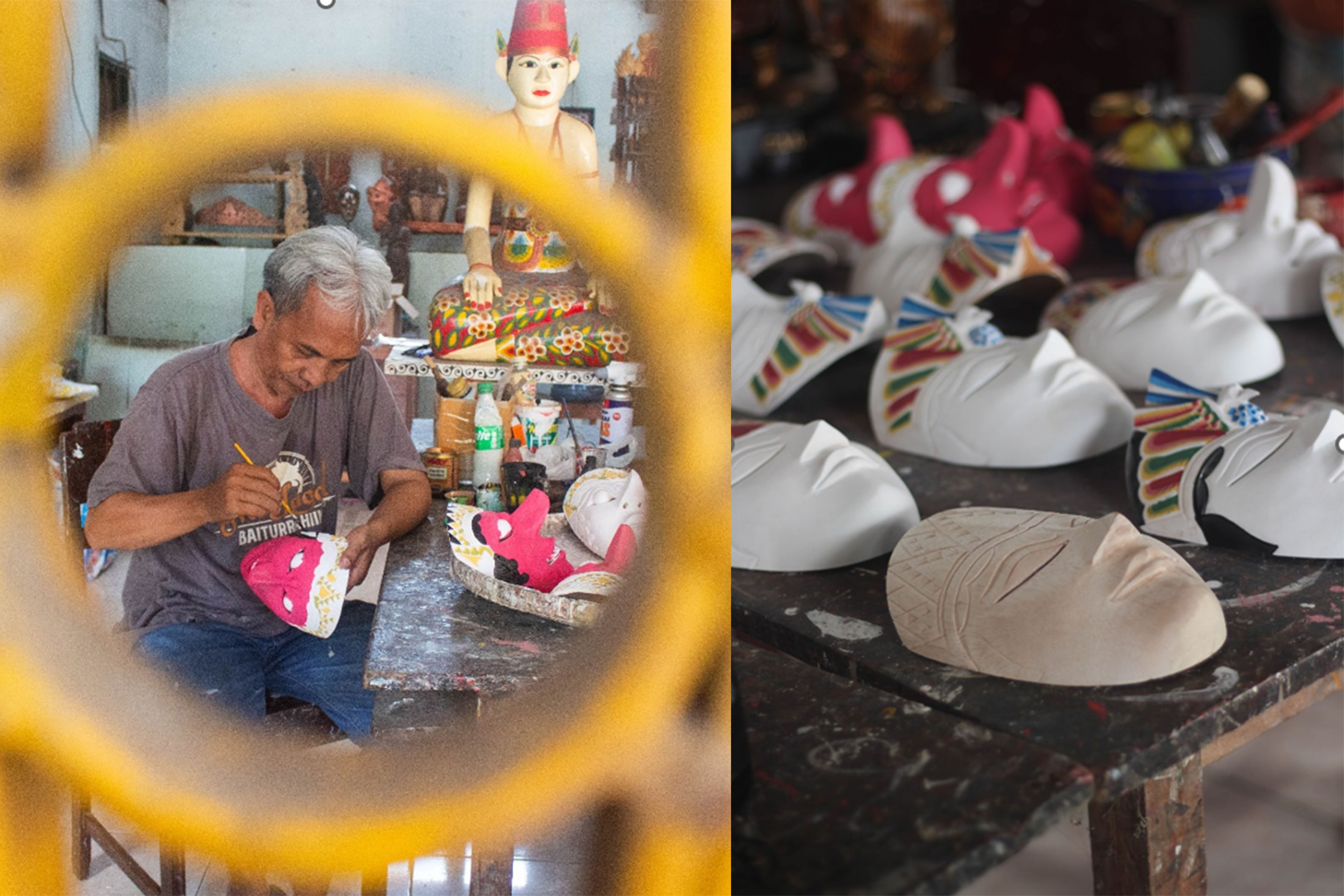 Proses pewarnaan dasar topeng kayu batik.