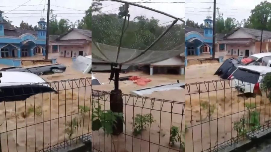 Arus banjir deras di Sukabumi menyeret kendaraan dan merendam pemukiman warga.