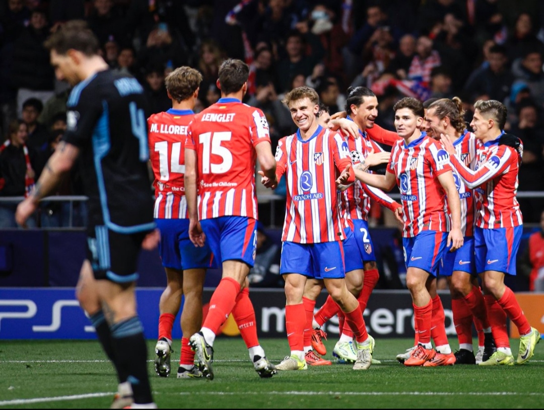 Selebrasi penggawa Atletico Madrid usai Antoine Griezmann cetak gol ke gawang Slovan Bratislava di Liga Champions