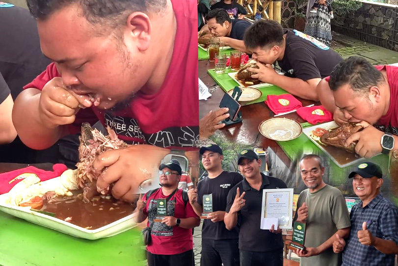 Kehebohan kontestan berlomba makan kepala kambing di Tengkleng Ndas Sor Duren.