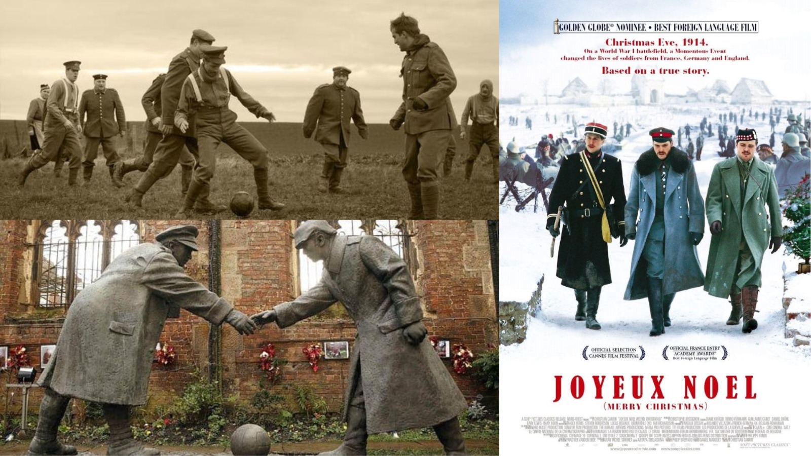 Peristiwa Christmas Truce 1914, monumen karya Andrew Edward, dan poster Film Joyeux Noel disutradarai Christian Carion (kolase dari Pinterest)