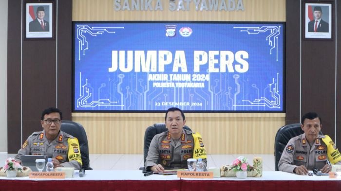 RILIS DATA: Kapolresta Jogja Kombes Pol Aditya Surya Dharma (tengah) memberikan penjelasan kasus narkotika yang ditangani selama 2024 di Mapolresta Jogja Senin (23/12/