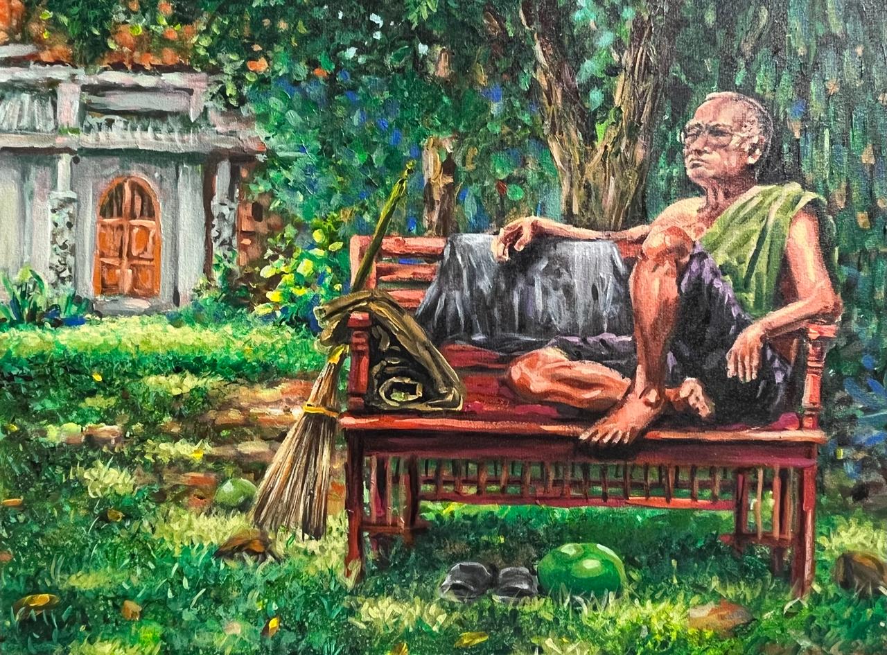 Lukisan karya Altha Rivan (murid Ugo Untoro) yang menggambarkan sosok Pak Kotik (Pak Mugi korban kebakaran di Museum dan Tanah Liat) sedang duduk berisitrahat dari rutinitasnya di depan bangunan M