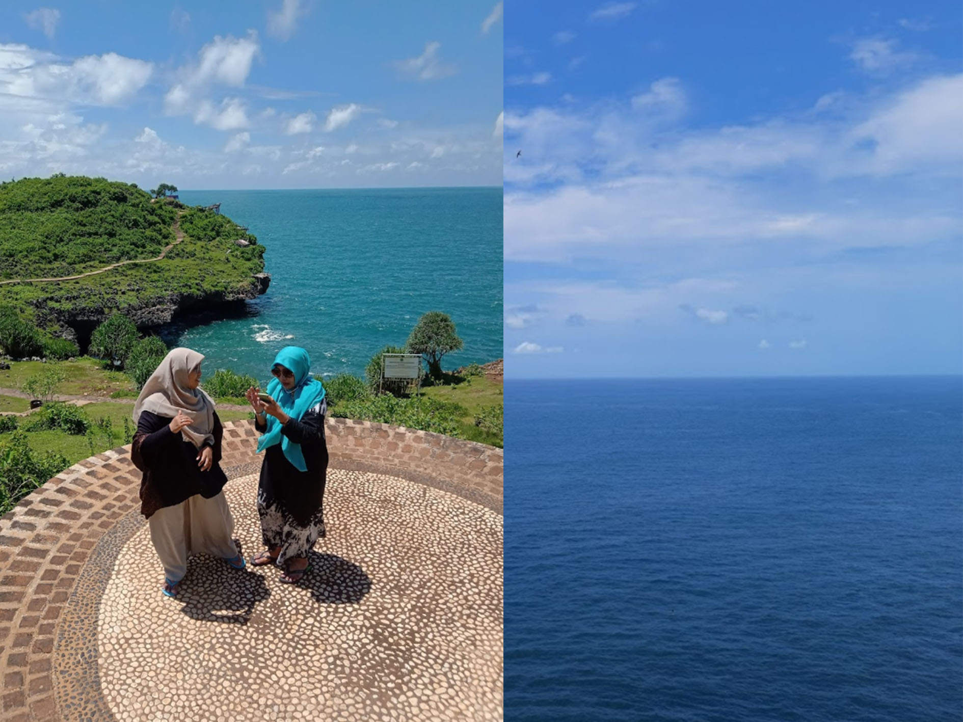 Panorama pantai lepas dari ketinggian tebing di Pegunungan Gunungkidul, Yogyakarta.