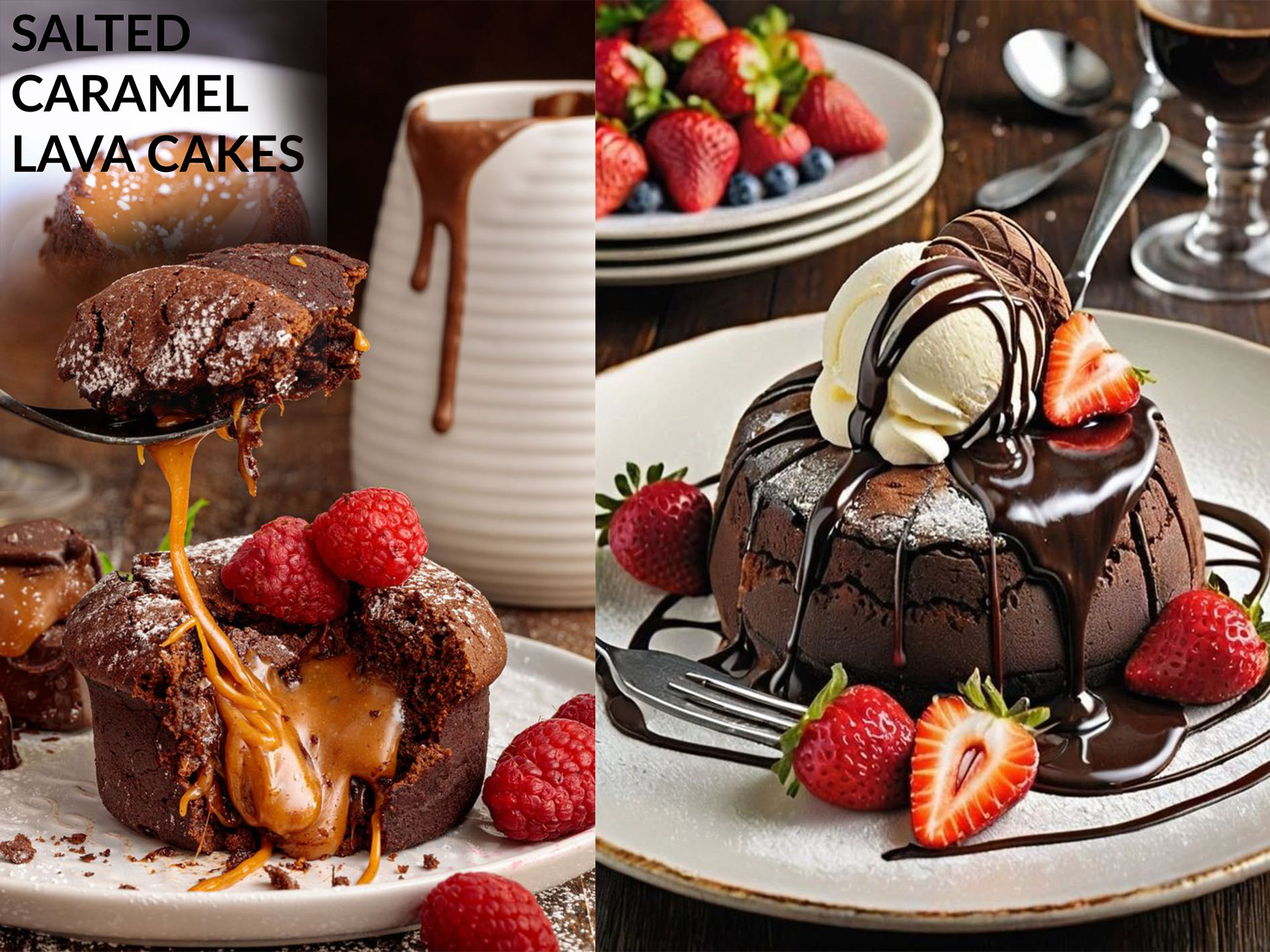 Hidangan manis nan menggoda Kue Coklat Lava. Saat potongan kue coklat ini terbuka, lava karamel manis mengalir keluar. Siapa yang bisa menolak kelezatan ini?