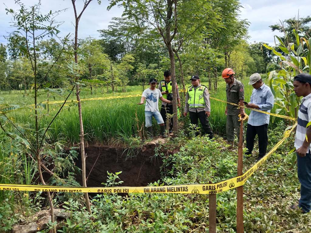 MEMBAYAKAN: Tanah ambles atau sinkhole terjadi di area persawahan warga di Padukuhan Kawangen Kidul, Kalurahan Pacarejo, Semanu, Gunungkidul, Senin (7/1) lalu.&nbsp;
