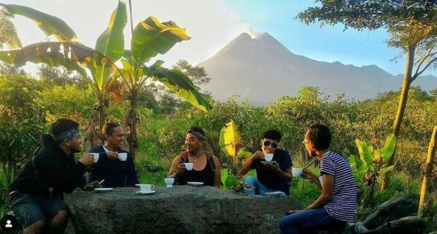 Healing di Kopi Merapi dengan pemandangan Gunung Merapi yang mempesona.