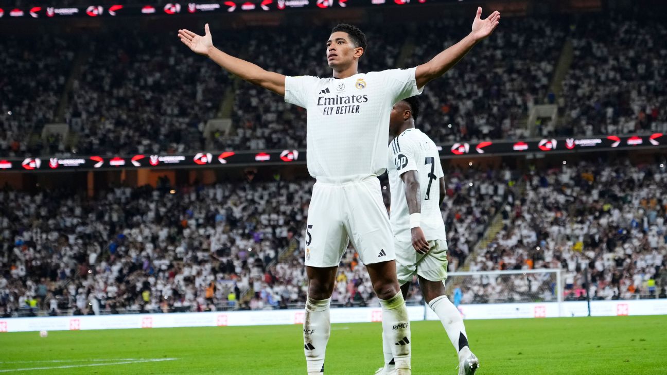 Selebrasi Jude Bellingham setelah mencetak gol pembuka dalam kemenangan Real Madrid atas Mallorca di semifinal Supercopa de Espana
