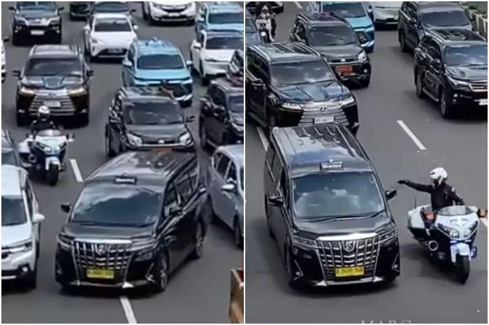 Aksi patwal mobil dinas RI 36 menunjuk-nunjuk kendaraan pelat kuning di Jalan Sudirman, Jakarta