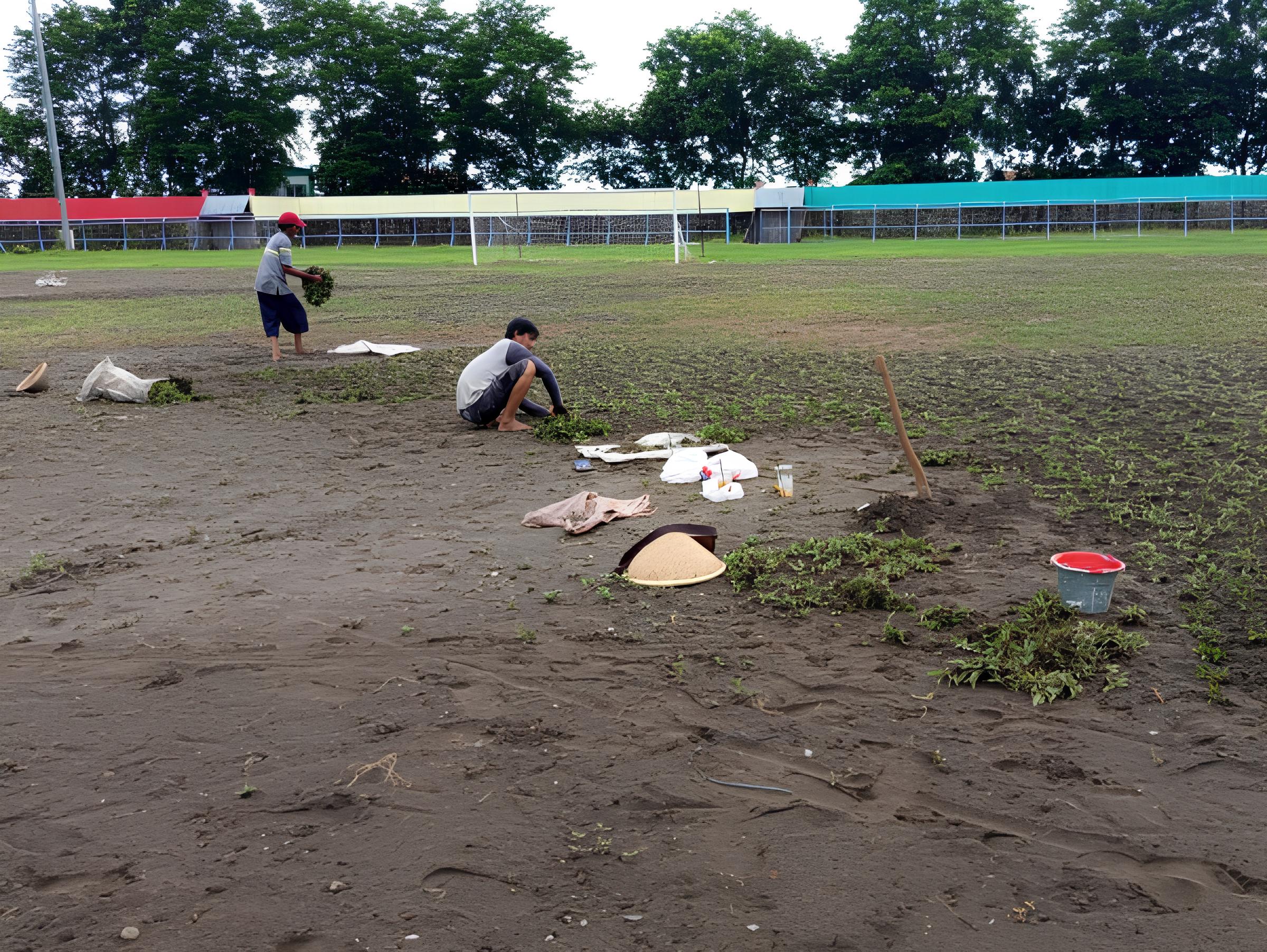 REVITALISASI LAPANGAN : Petugas sedang melakukan pembenahan rumput Stadion Candradimuka pasca tergenang air saat berlangsungnya pertandingan Liga 4 Jawa Tengah.