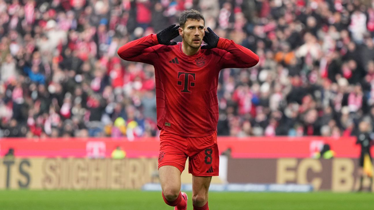 Selebrasi Leon Goretzka usai mencetak gol dalam kemenangan 3-2 Bayern Munich atas Wolfsburg