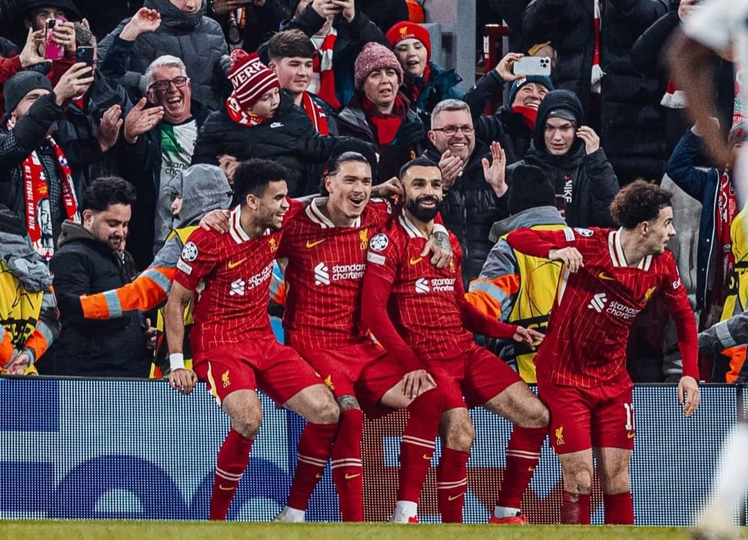 Selebrasi pemain Liverpool usai Mohamed Salah mencetak gol ke gawang Lille di Liga Champions