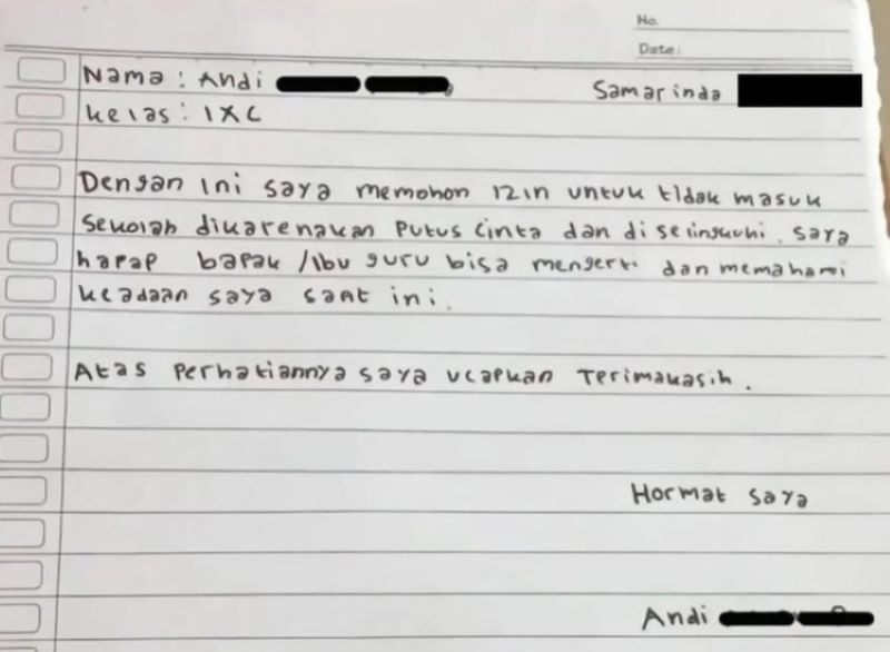 Surat izin tidak masuk sekolah alasannya kocak, bikin ngelus dada.