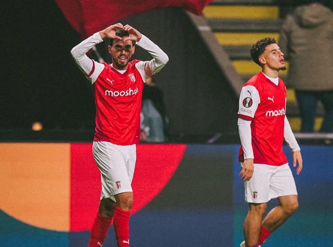 Selebrasi pemain Braga usai Ricardo Horta mencetak gol kemenangan atas Lazio di Europa League
