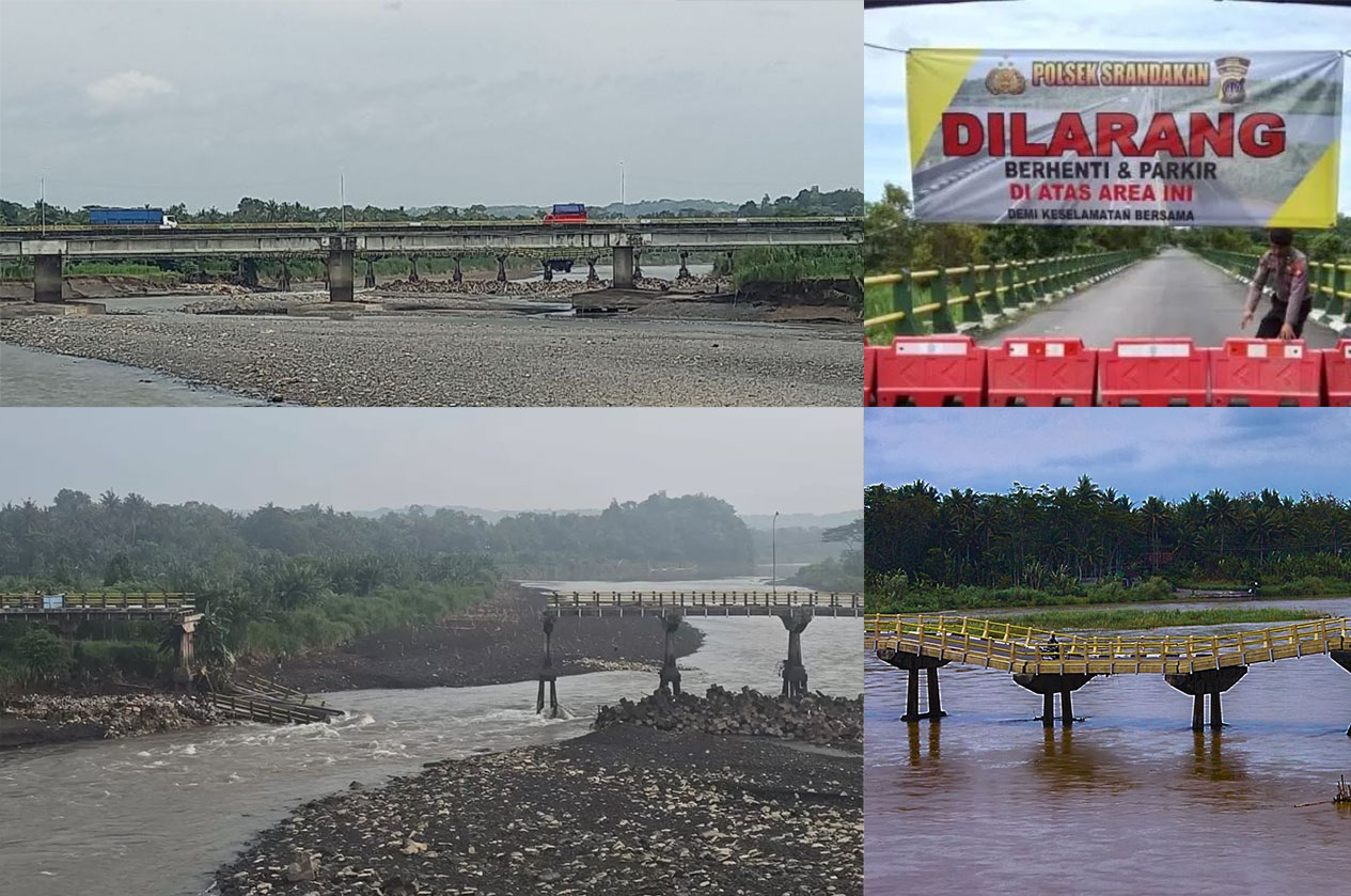 Kondisi sesudah dan sebelum Jembatan Srandakan lama ambrol karena tergerus derasan aliran Sungai Progo dampak jebolnya DAM Srandakan beberapa waktu lalu.