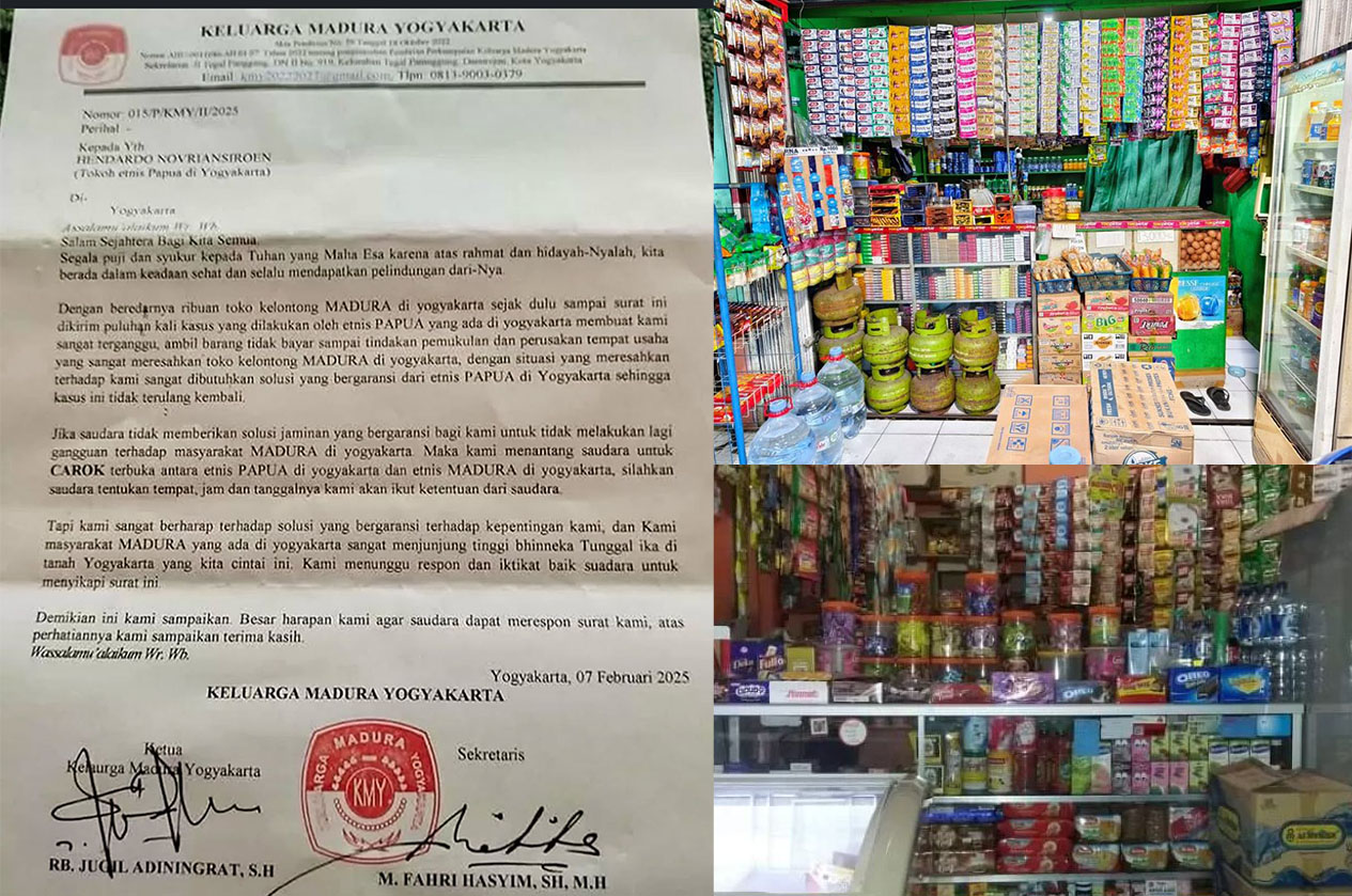 DARI KIRI: surat yang mengatasnamakan Forum Keluarga Madura Yogyakarta beredar luas di media sosial dan grup percakapan daring,  serta Ilustrasi Toko Kelontong Madura.