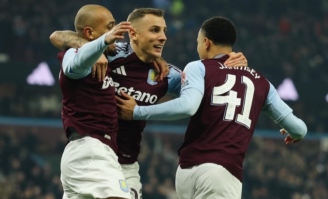 Selebrasi penggawa Aston Villa usai Jacon Ramsey cetak gol ke gawang Tottenham Hotspur di FA Cup
