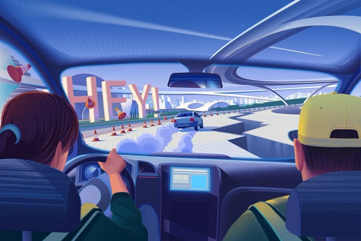 Ilustrasi sepasang kekasih mengendarai mobil ber-AC.
