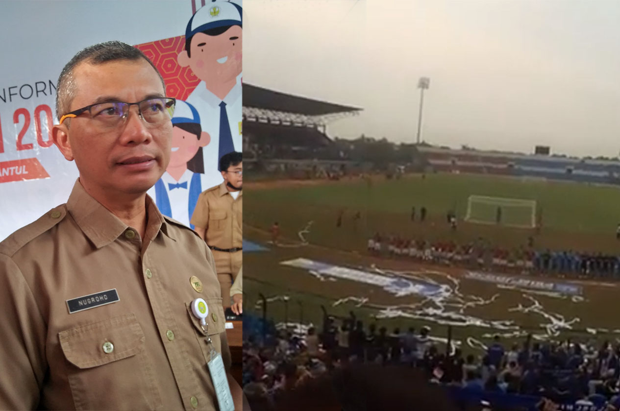 Kepala Disdikpora Bantul Nugroho Eko Setyanto dan suasana di tengah laga sepak bola di Stadion Sultan Agung (SSA) Bantul.